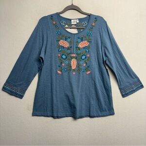NWT Parsley & Sage Floral Embroidered Blouse L Blue Cotton